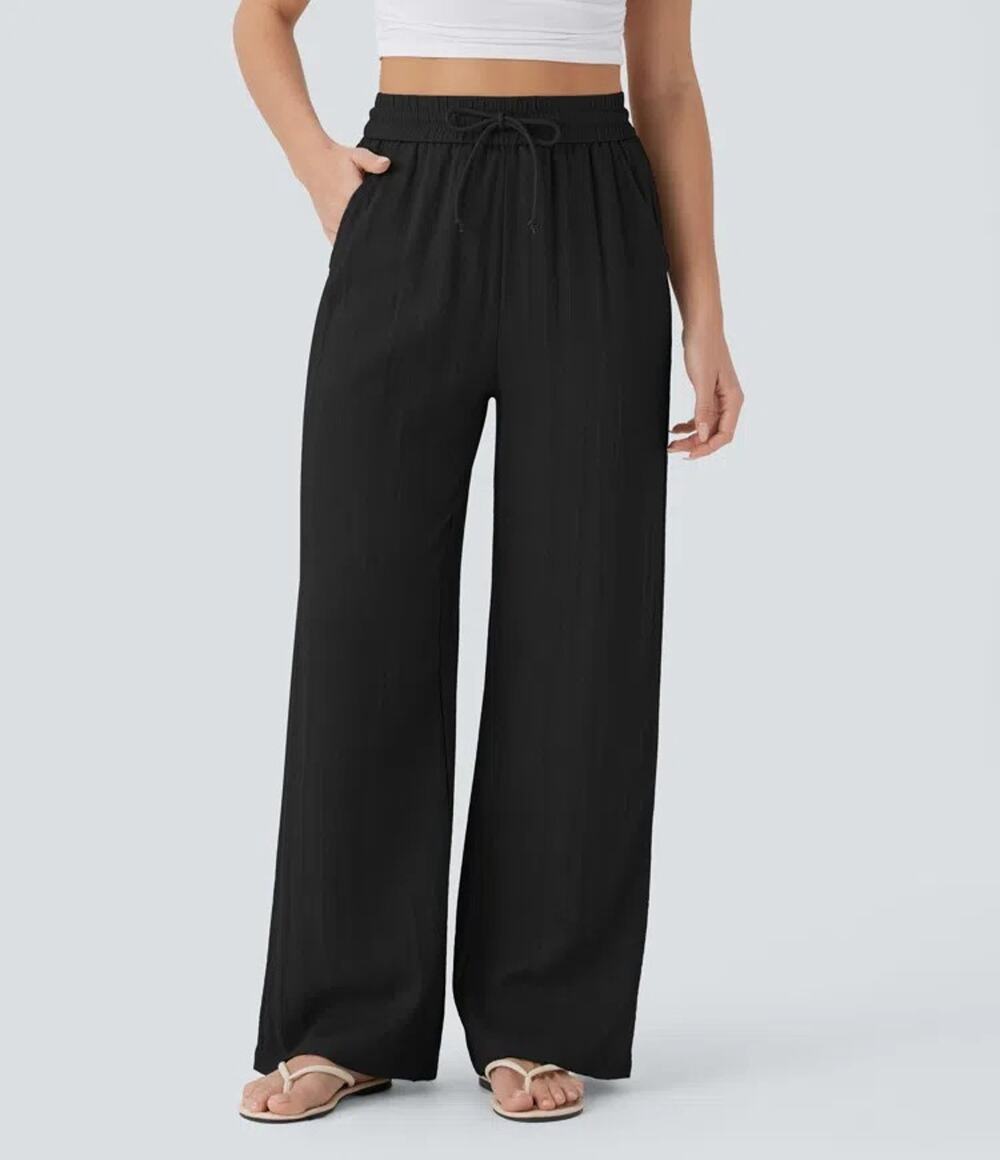 Halara High Waisted Pocket Wide Leg Linen-Feel Pants Size Medium Petite Black